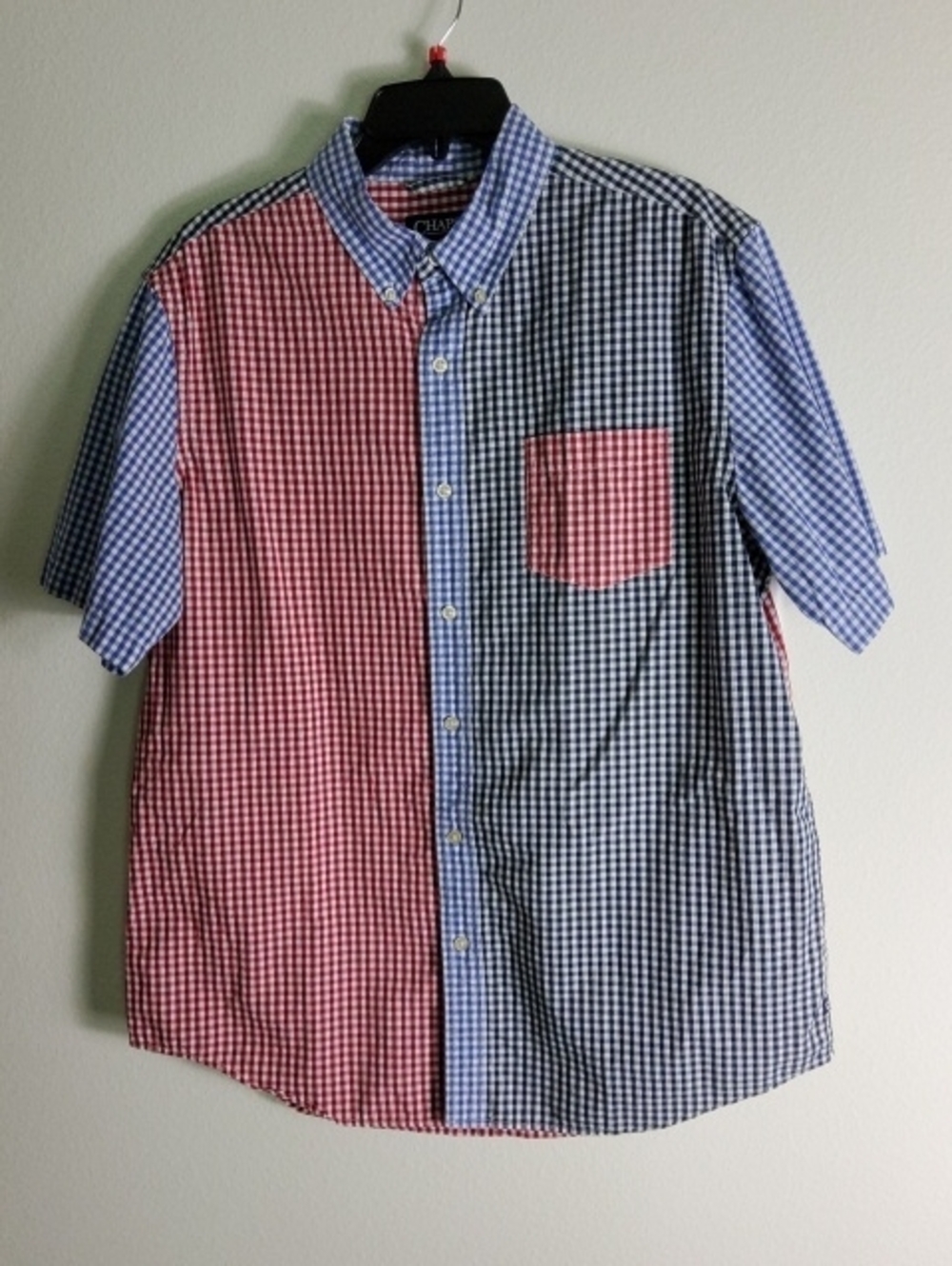 Chaps Short-Sleeve Colorblock Gingham Button-Up Shirt - Red & Blue Size L